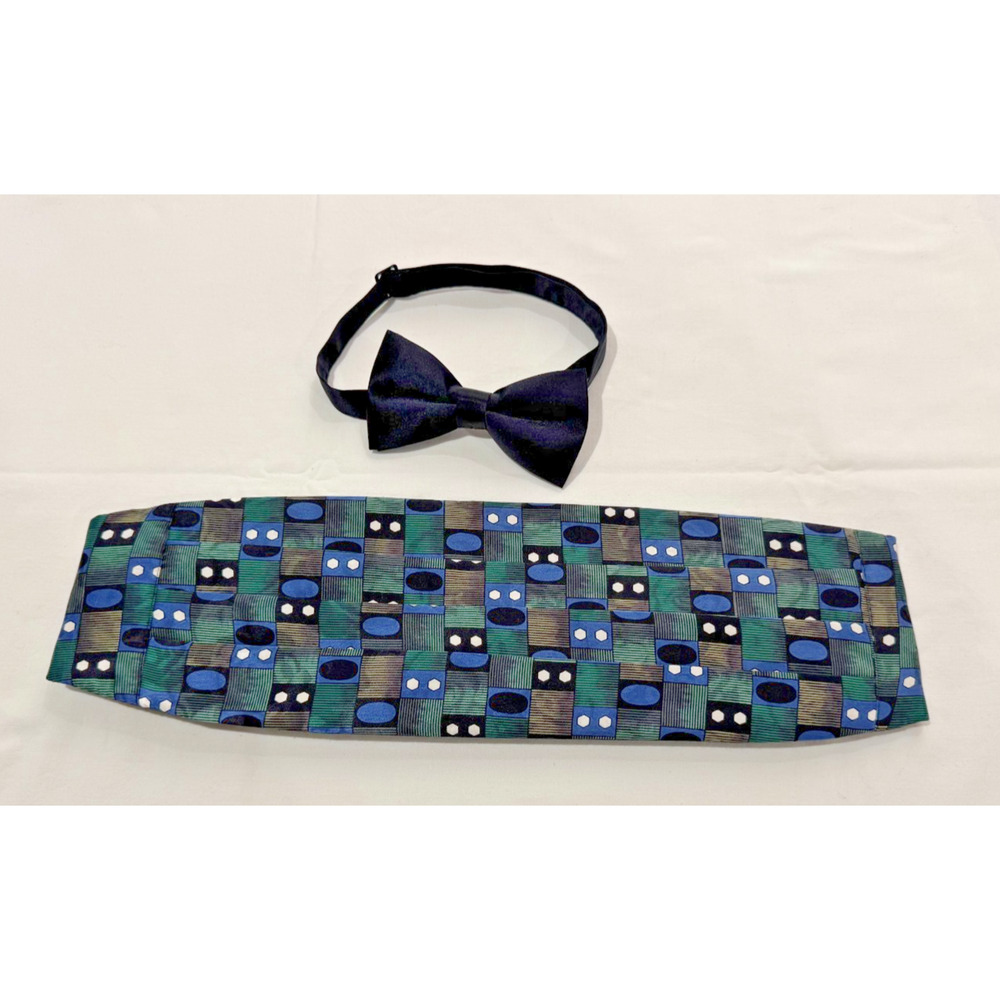 Silk Bow Tie & Cummerbund Set Black Blue Green Geometric Party Formal